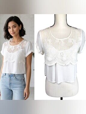Clockhouse White Floral Embroidered Lace Mesh Crop Top Short Sleeve Boho Sz 36/S